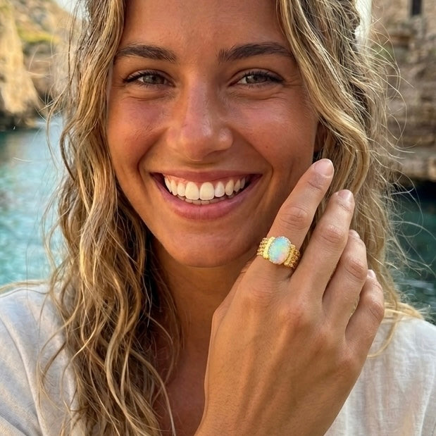 Fire Opal Statement Ring – Handmade Woven 18K Gold Plated Sterling Silver