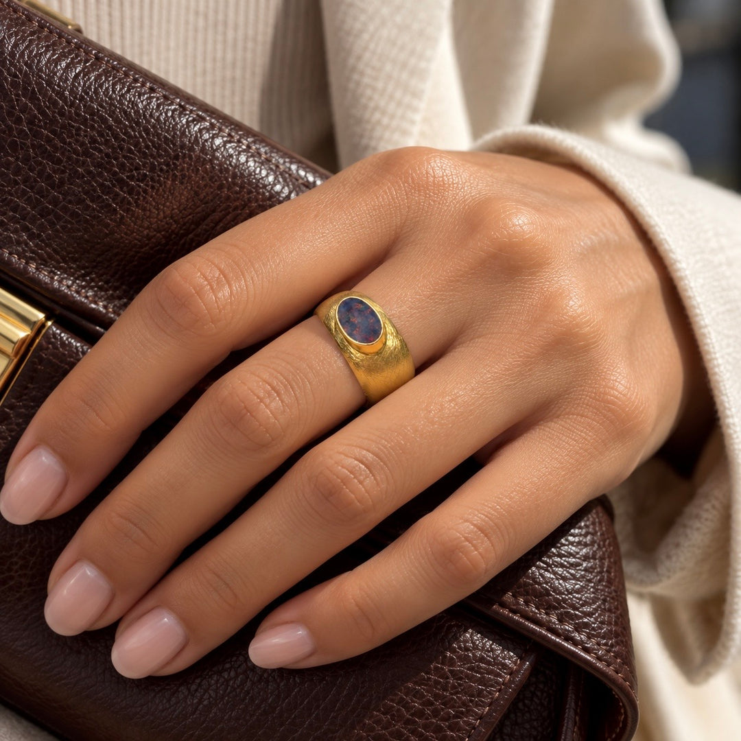 Sovereign Black Fire Opal Textured Gold Ring