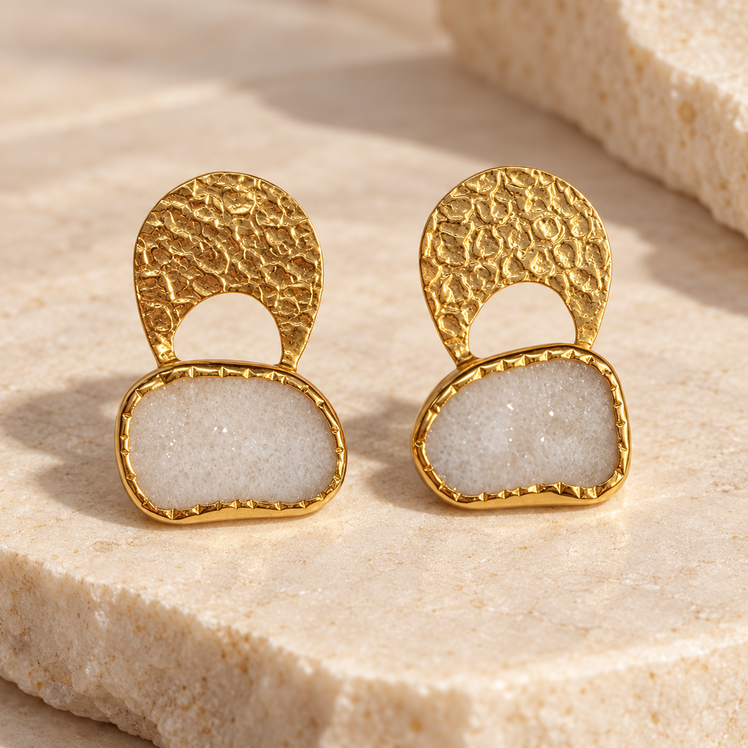 Byzantine Gold Hammered Agate Druzy Earrings | White Agate