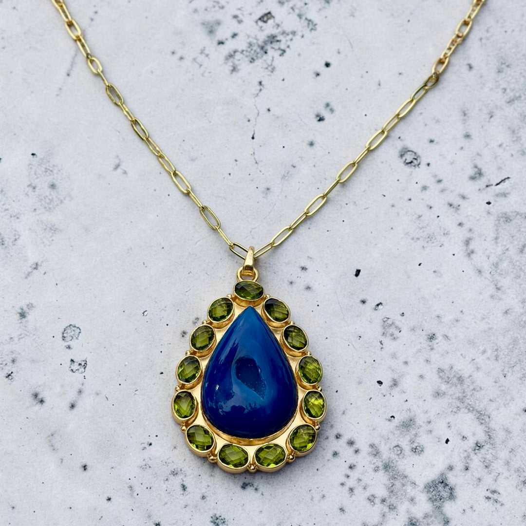 Solar Bloom Pendant – Blue Agate Druzy & Green Quartz Necklace