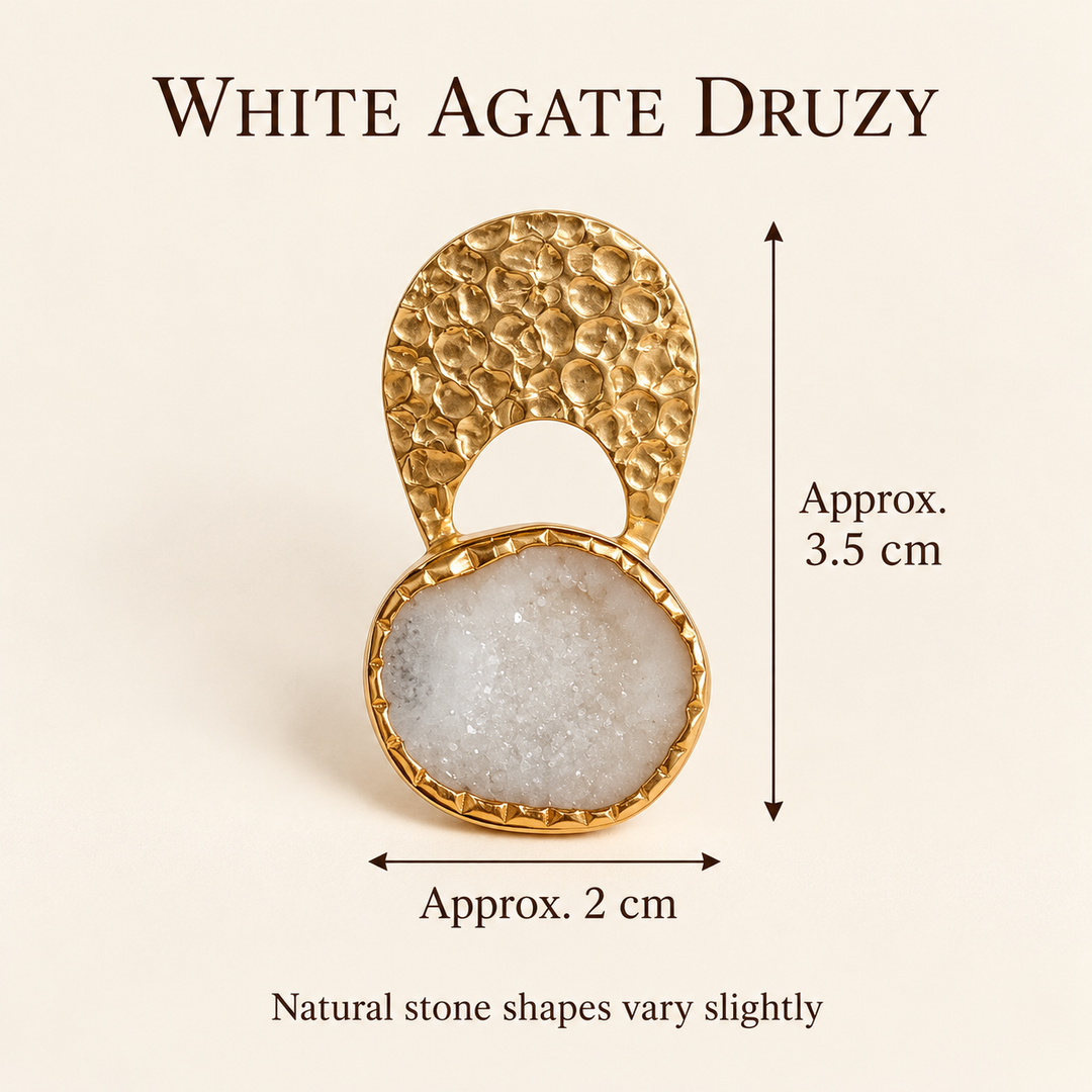 Byzantine Gold Hammered Agate Druzy Earrings | White Agate