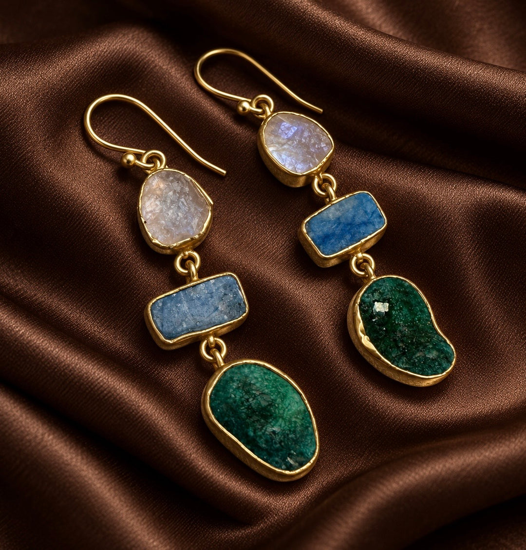 **Ethnic Allure Gold & Silver Earrings with Emerald, Kyanite & Rainbow Moonstone*