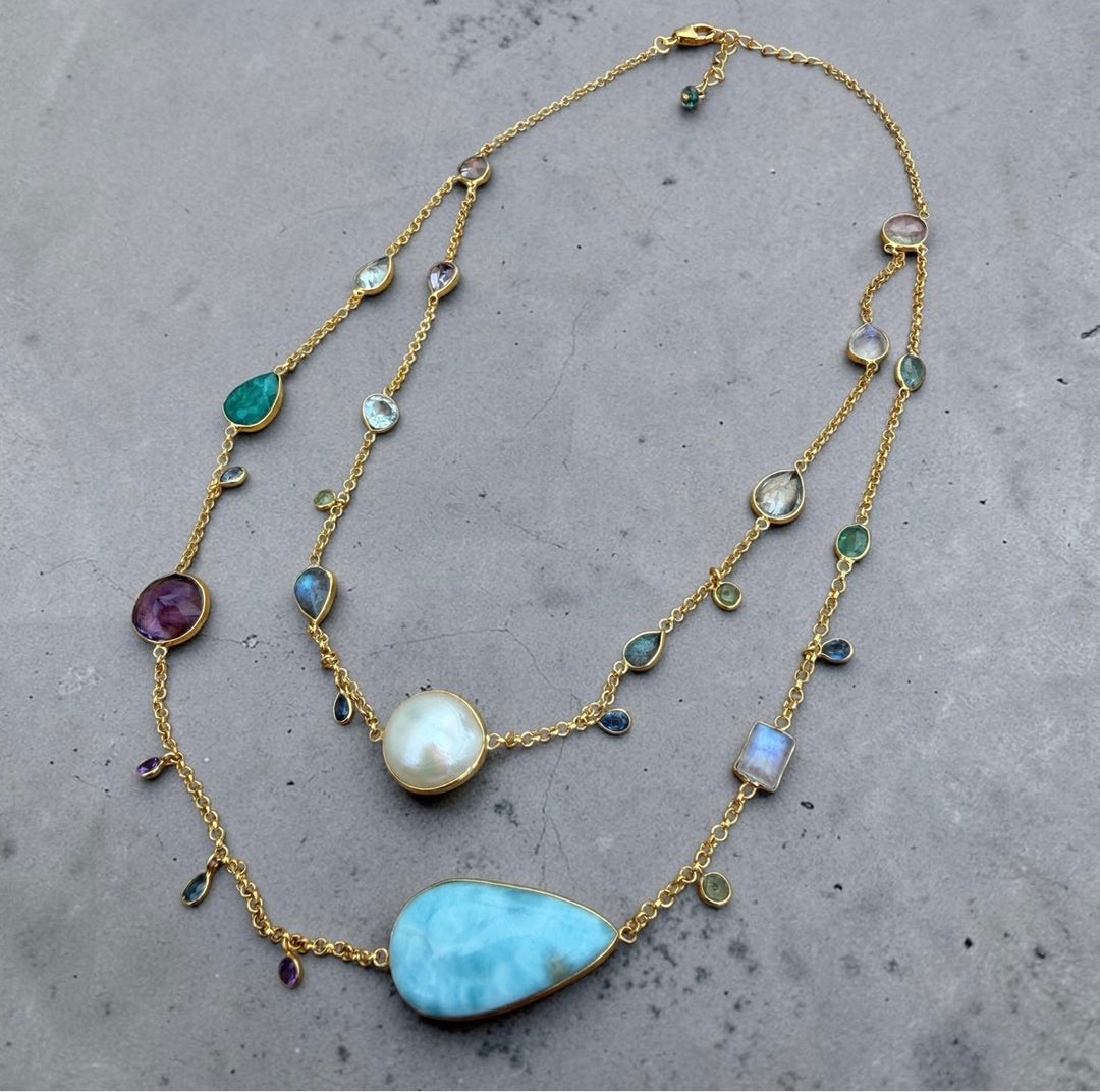 Zarif Larimar, Tourmaline, Tanzanite, Pearl & Amethyst Layered Necklace
