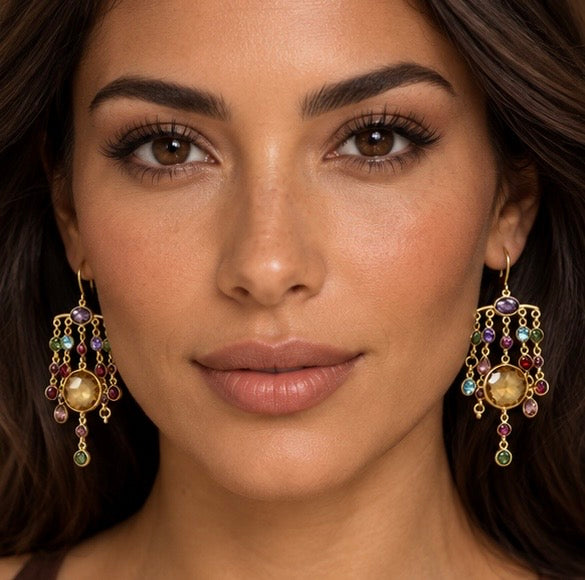 Zarif Natural Gemstone Chandelier Earrings