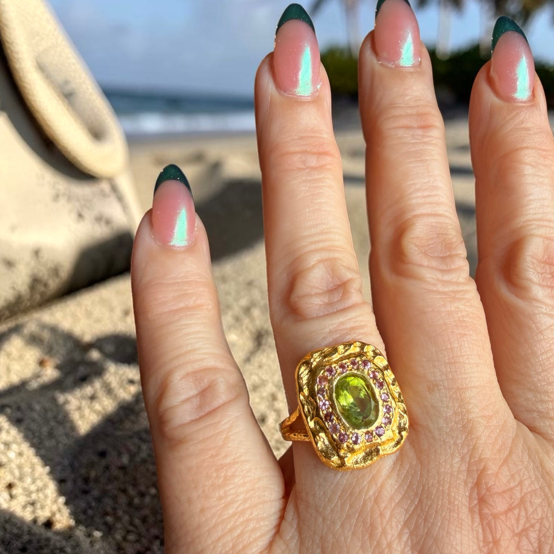 One-of-a-Kind Peridot & Ruby Halo Statement Ring – 18K Gold Plated Sterling Silver