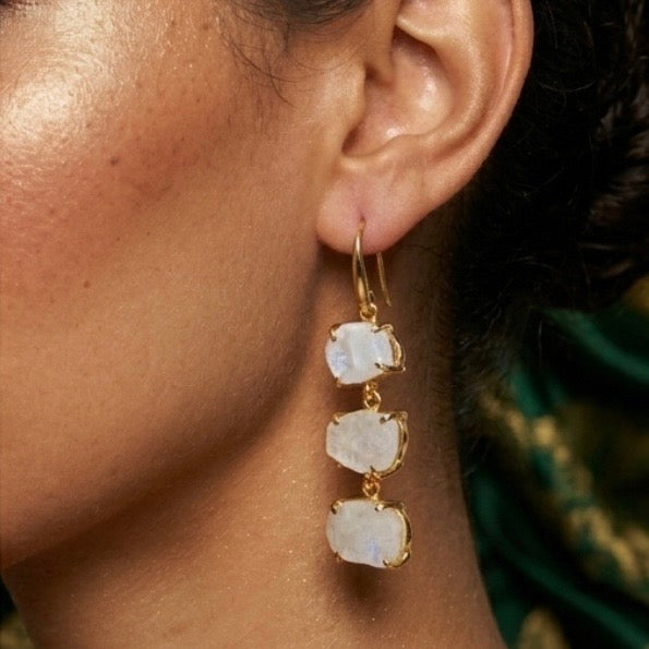 Three Tier Raw Crystal Drop Earrings
Moonstone Rose Quartz and
Aquamarine