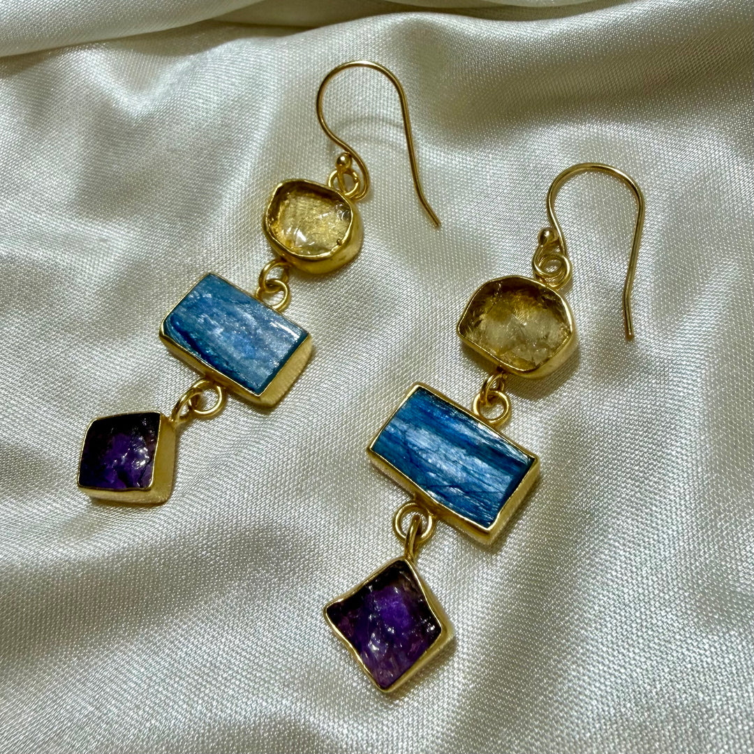 Three-Tier Crystal Earrings – Citrine, Kyanite & Amethyst