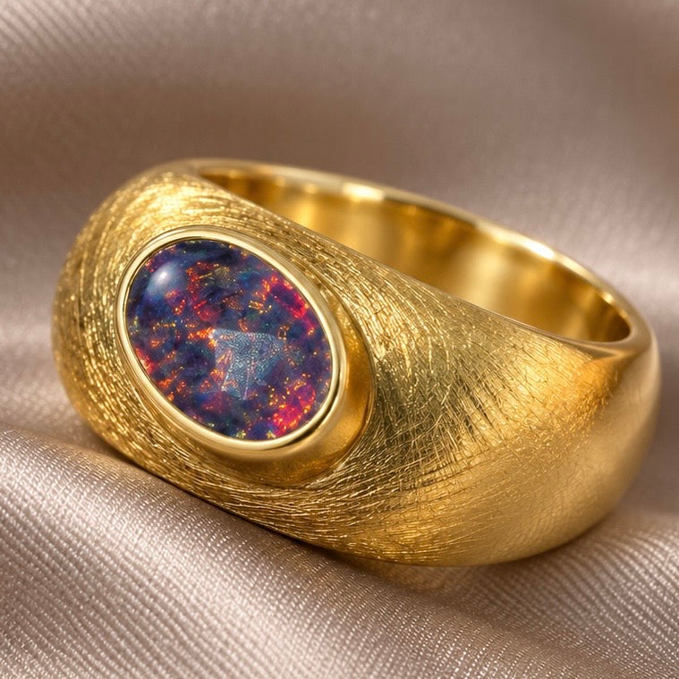 Sovereign Black Fire Opal Textured Gold Ring