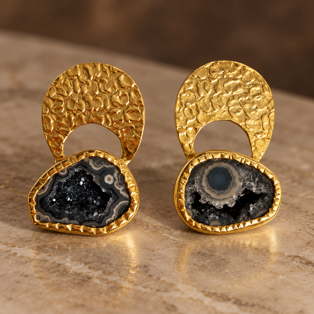 Byzantine Gold Hammered Agate Druzy Earrings