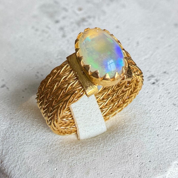 Fire Opal Gold Ring Handmade Woven 18K Gold Plated 925 Sterling Silver Ring