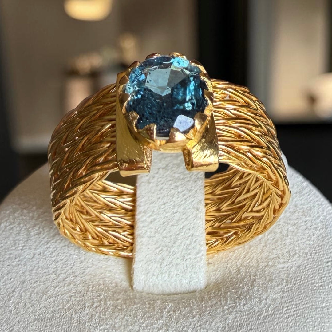 One-of-a-Kind Sapphire Statement Ring – Handmade 18K Gold Plated Sterling Silver Woven Band