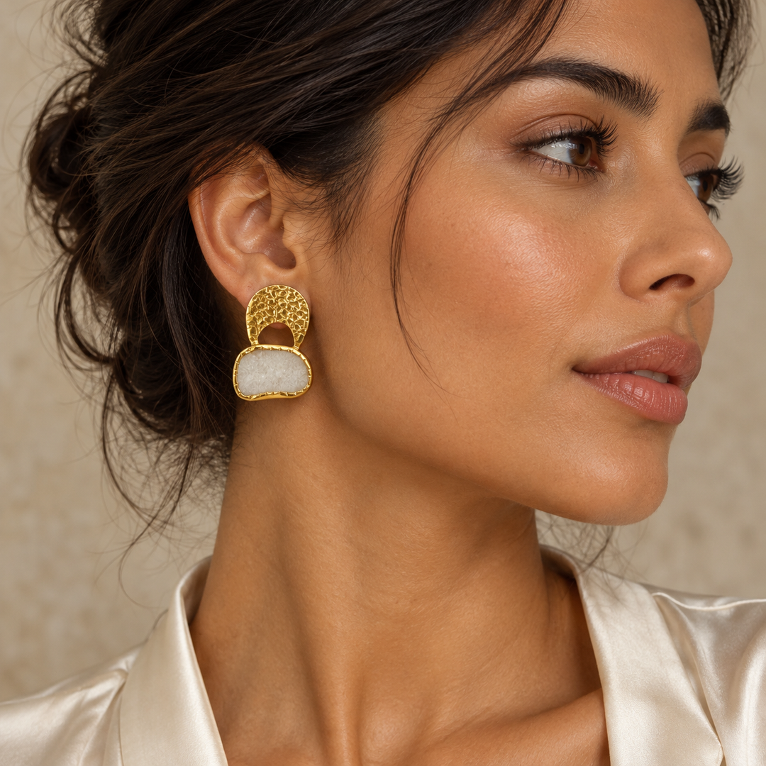Byzantine Gold Hammered Agate Druzy Earrings | White Agate