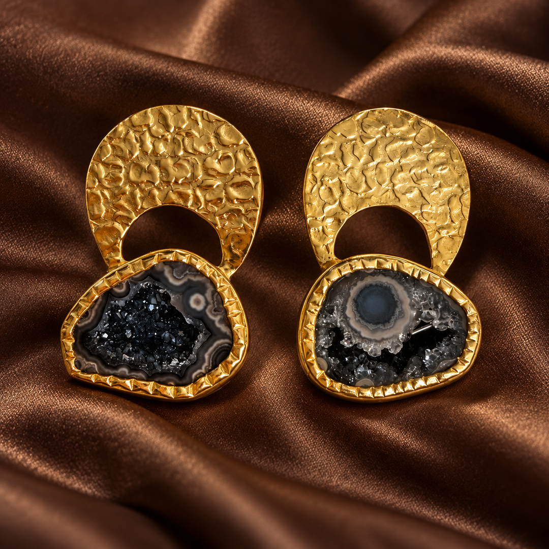 Byzantine Gold Hammered Agate Druzy Earrings