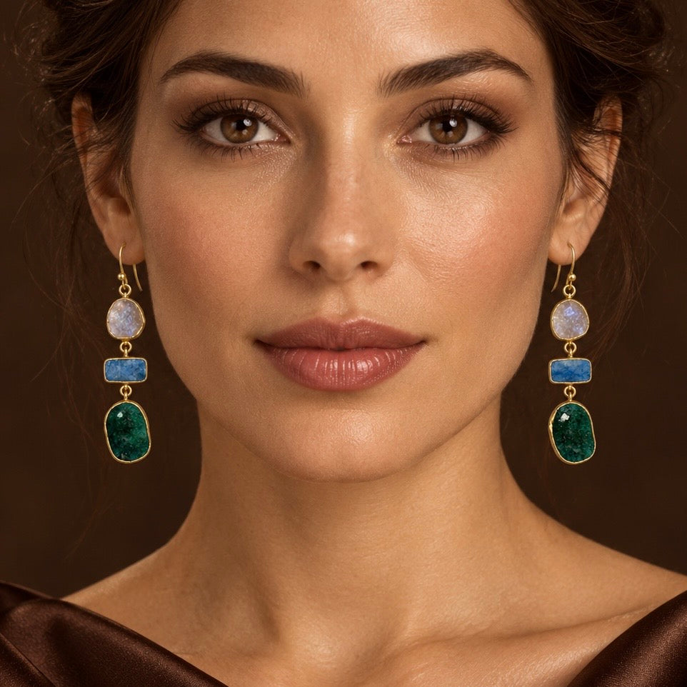 **Ethnic Allure Gold & Silver Earrings with Emerald, Kyanite & Rainbow Moonstone*