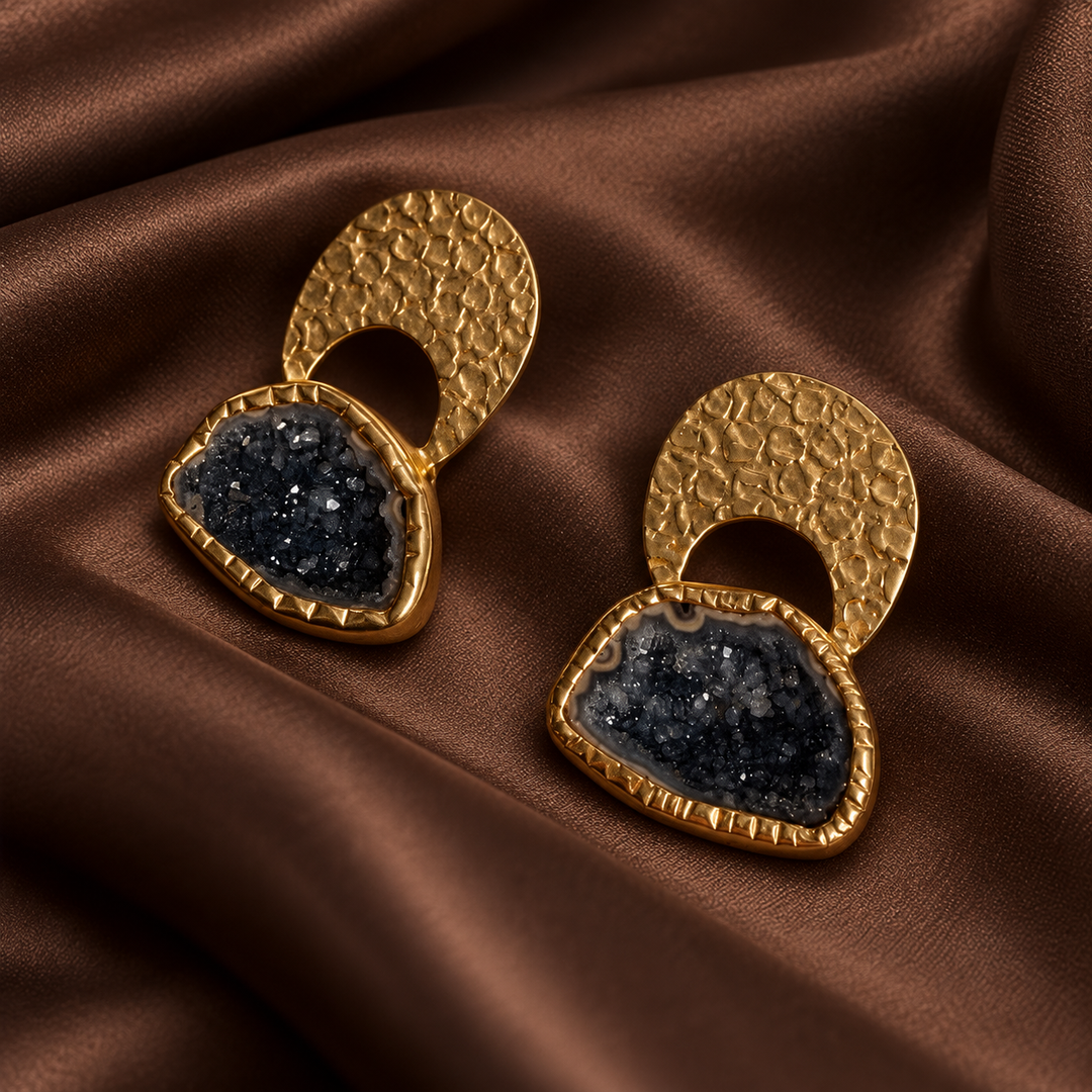 Byzantine Gold Hammered Agate Druzy Earrings | Black Agate