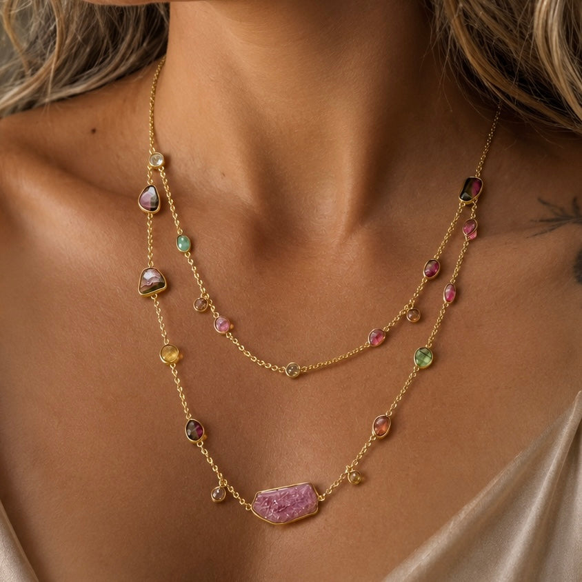 Zarif Watermelon Tourmaline Two Layer Necklace