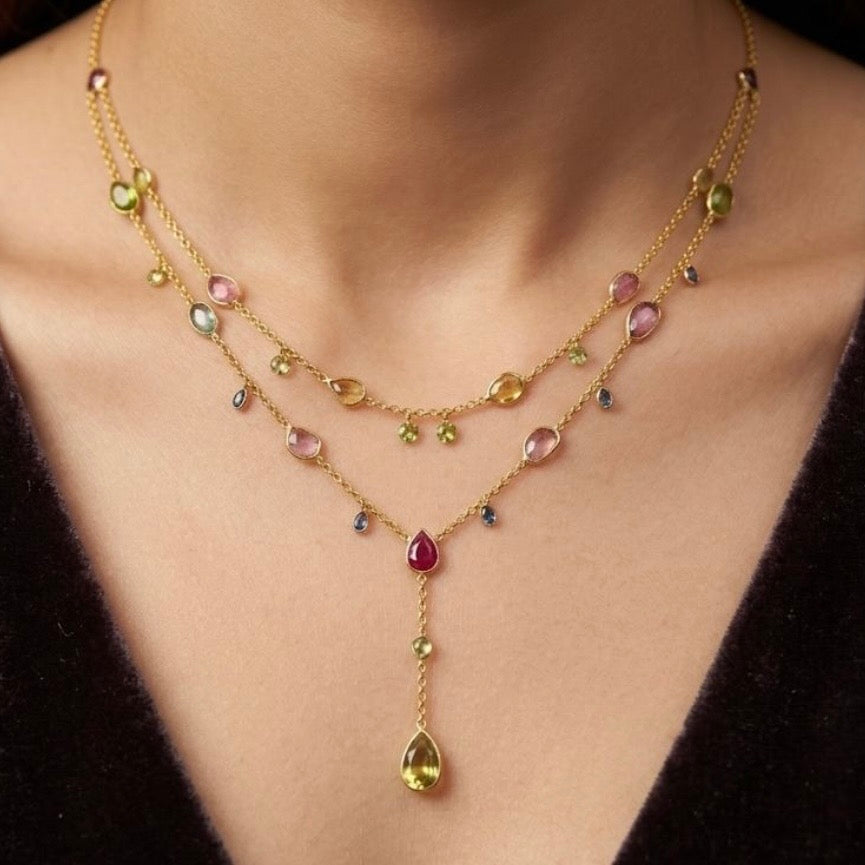 Zarif Mixed Tourmaline, Ruby, Garnet & Yellow Topaz Two-Layer Necklace