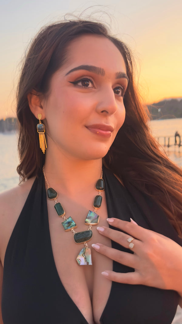 The Ethnic Allure Green Aventurine & Abalone Shell Necklace and Earring Set