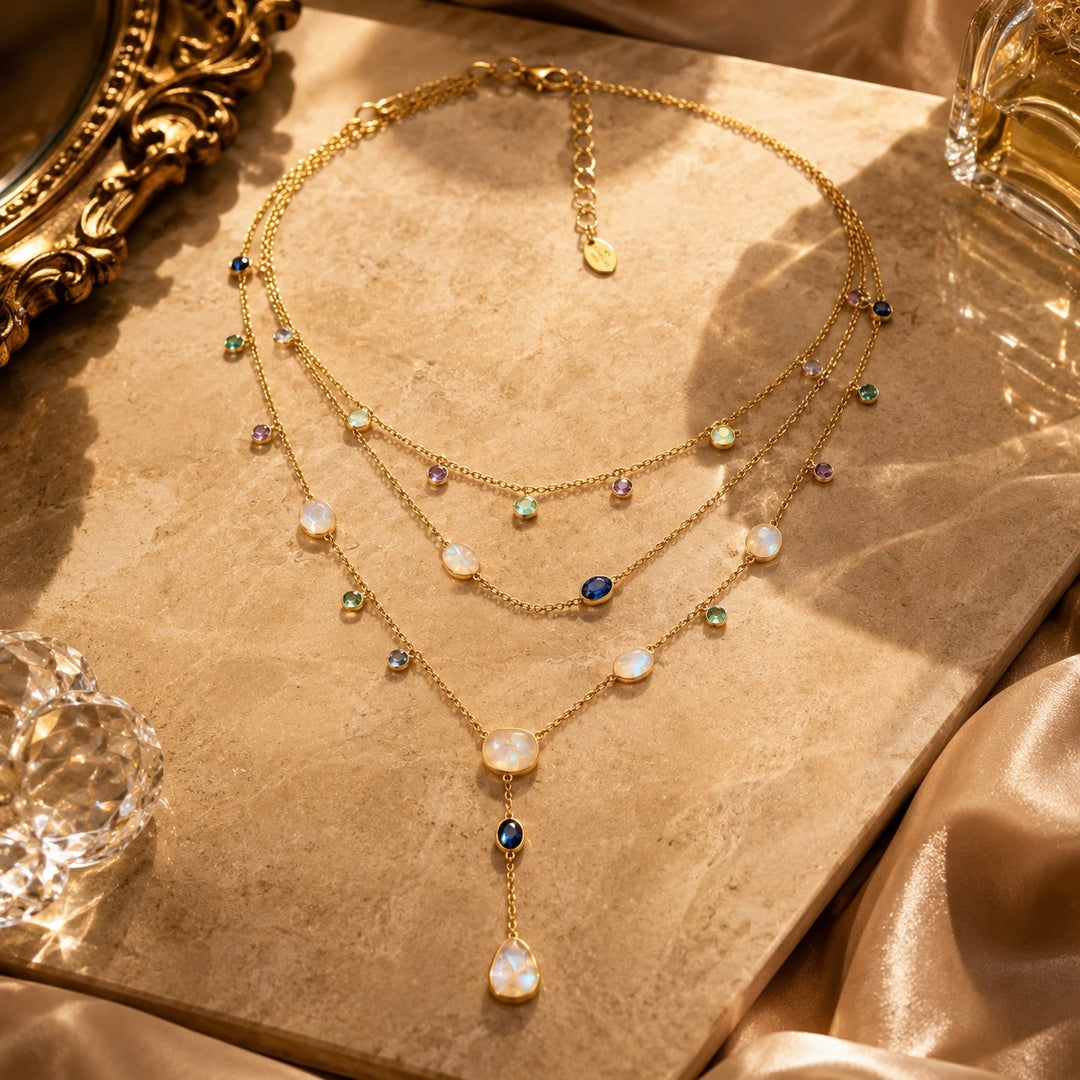 Zarif Three Layered Amethyst, Peridot And Tanzanite Gemstone
Necklace