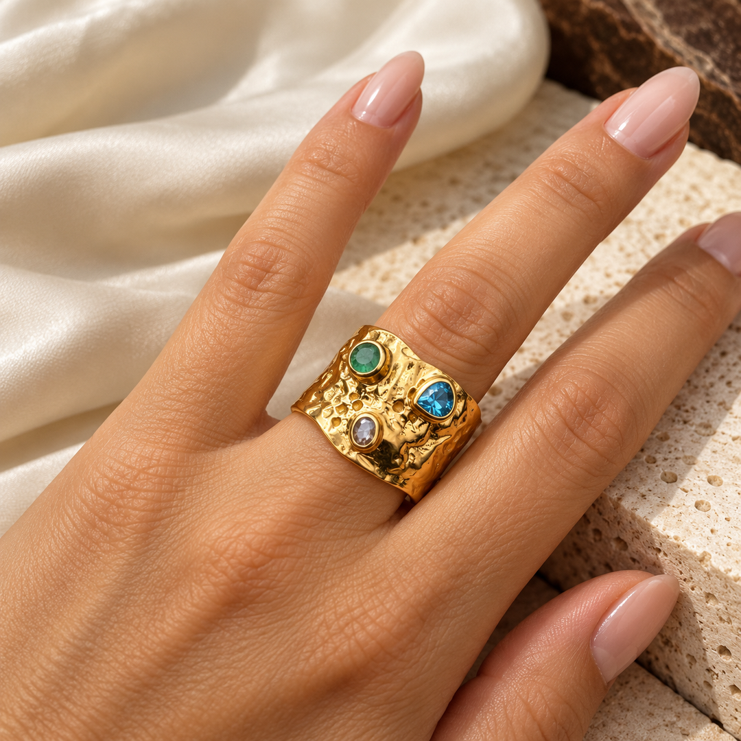 Golden Relic Ring | Blue Topaz, Emerald & White Topaz