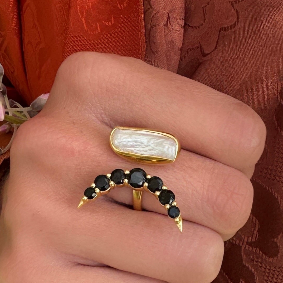 Lunar Veil black Obsidian and Fresh Water Pearl Ring