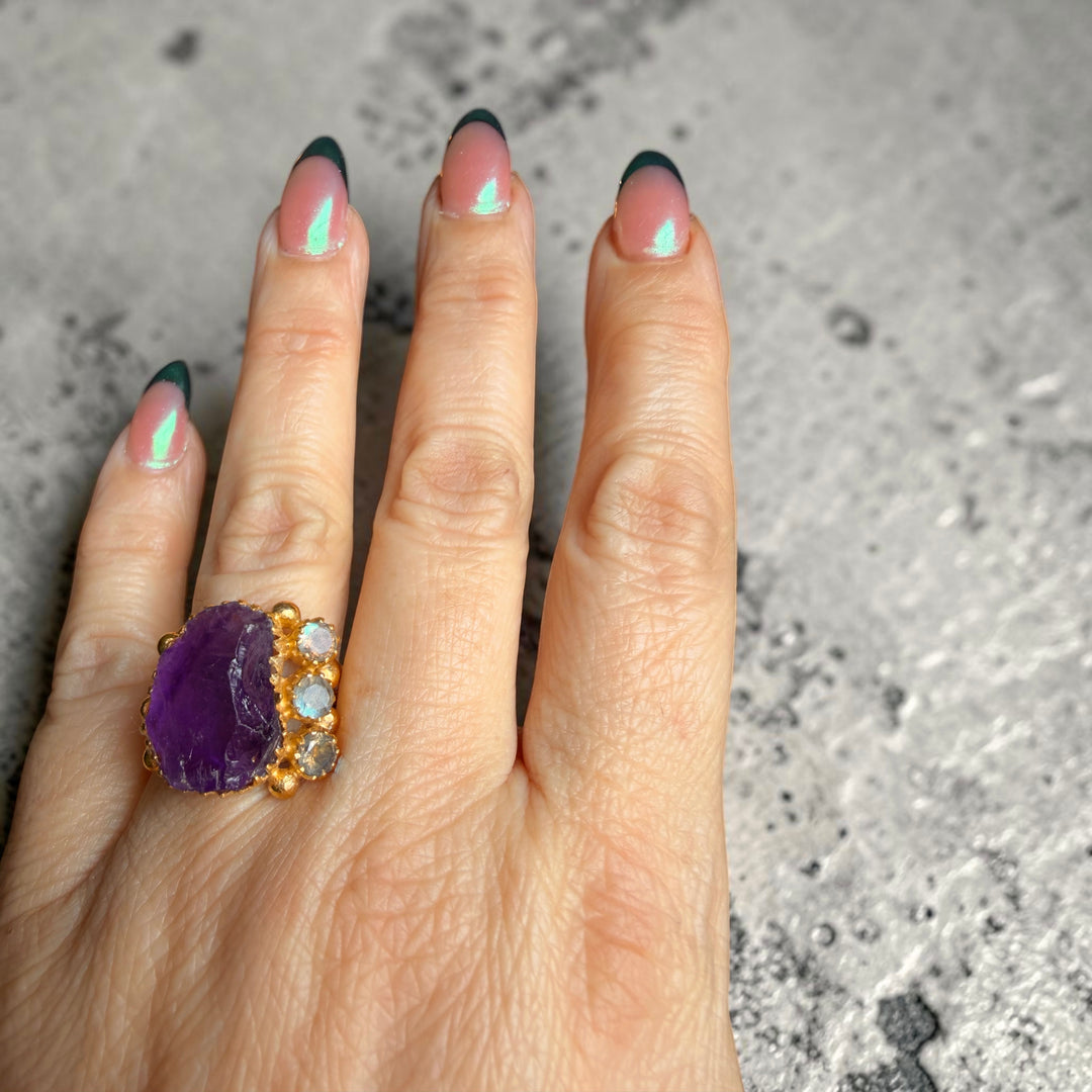 One-of-a-Kind Amethyst & Labradorite Statement Ring – Handmade 18K Gold Plated Sterling Silver