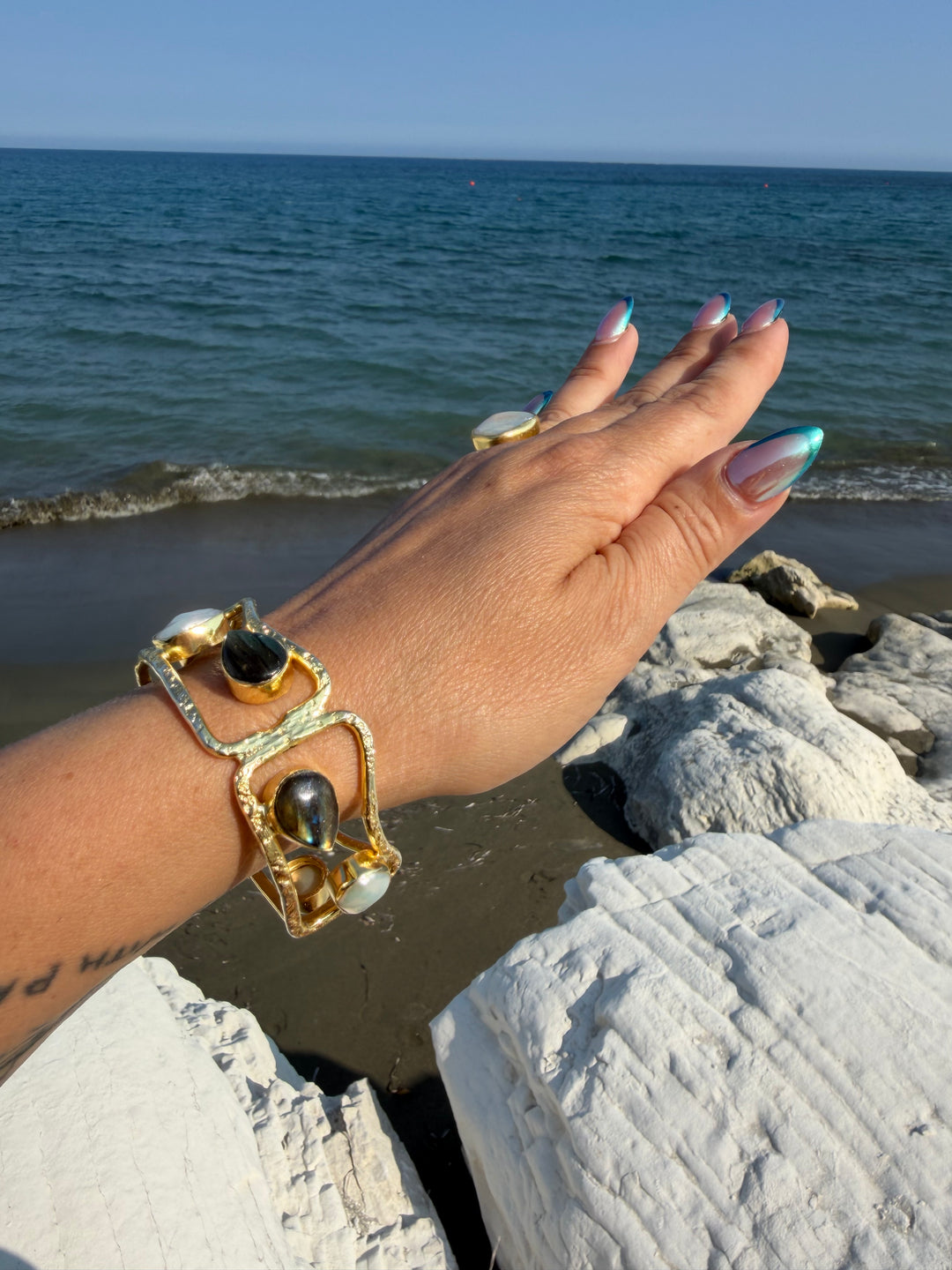 Celestial Tide Labradorite And Mother-Of-Pearl Cuff Bracelet