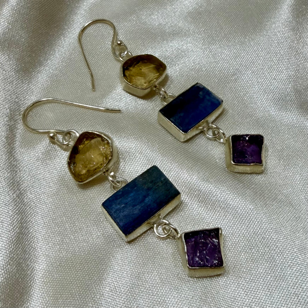Three-Tier Crystal/ Silver Earrings – Citrine, Kyanite & Amethyst