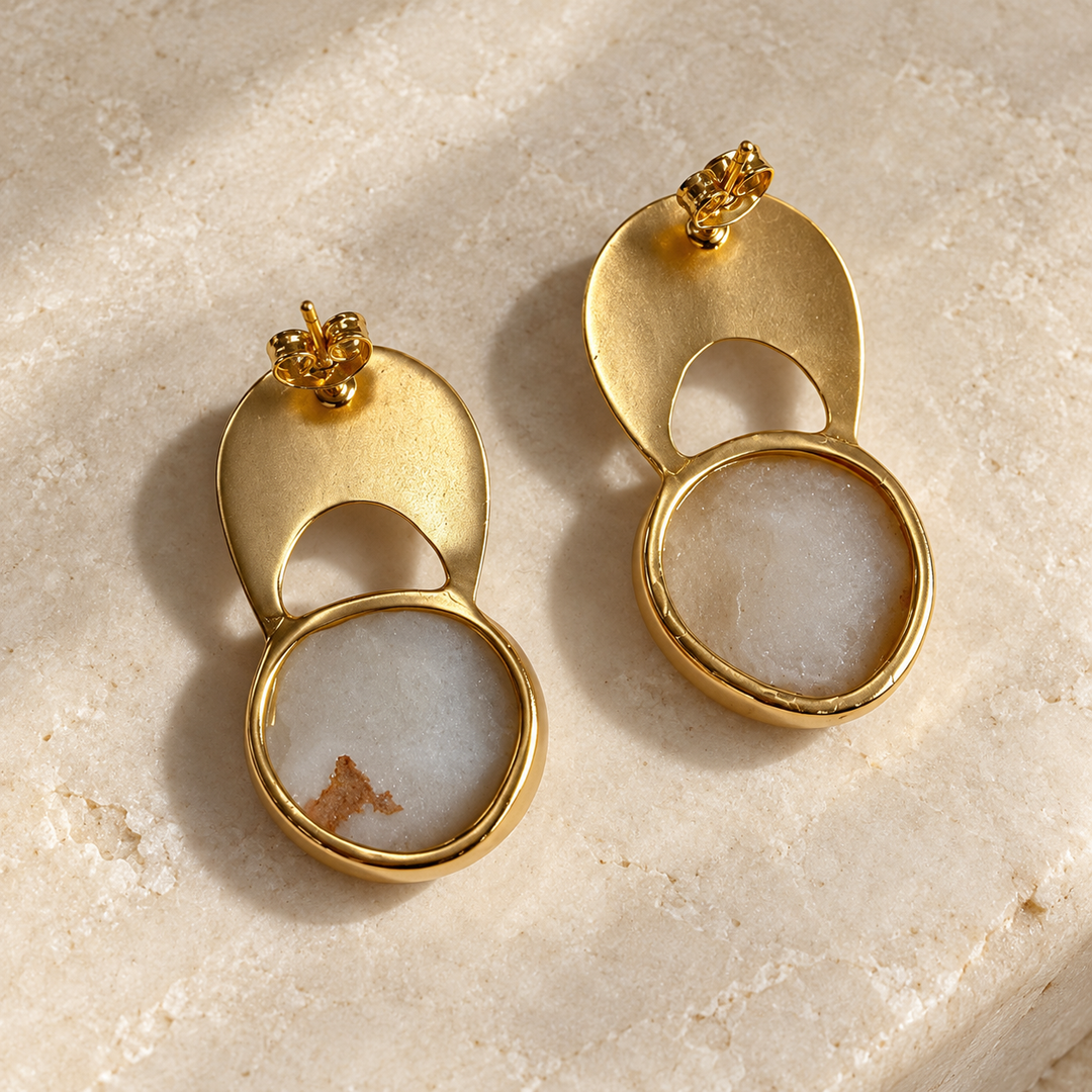 Byzantine Gold Hammered Agate Druzy Earrings | White Agate