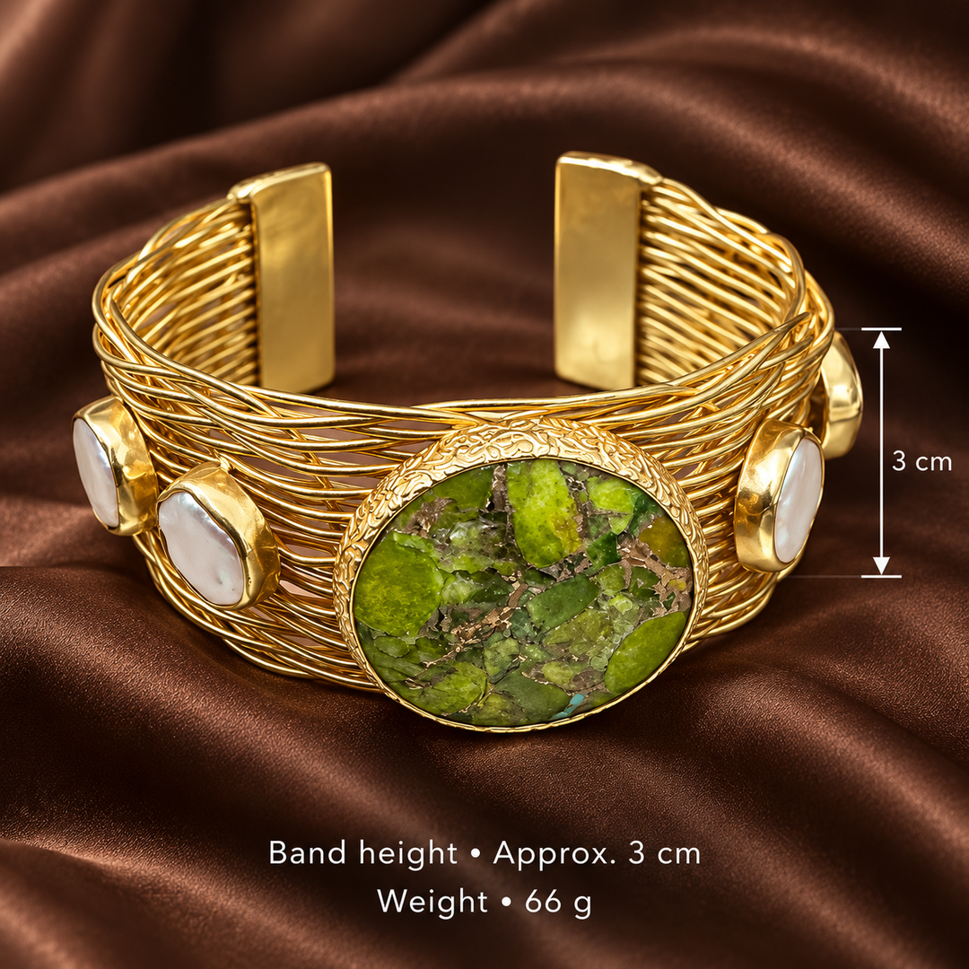 Gaia’s Embrace Peridot Mojave And Pearl Gold Bangle