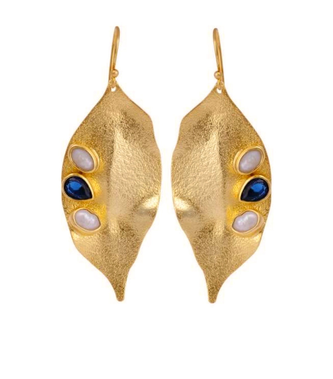 Moonstone & Sapphire Gold Leaf Drop Earrings