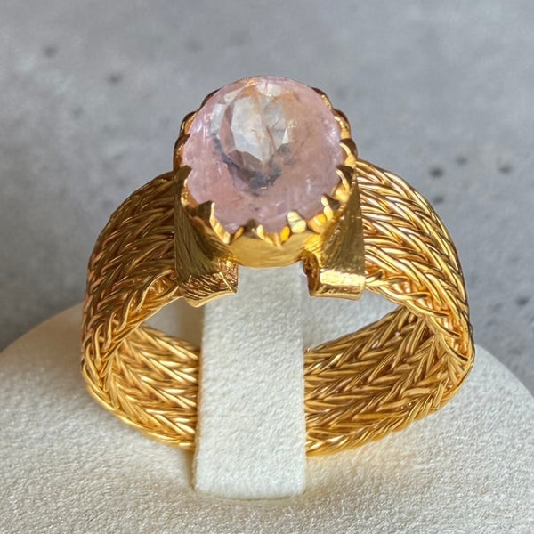 Rose Quartz Gold Ring Handmade Woven 18K Gold Plated 925 Sterling Silver Ring