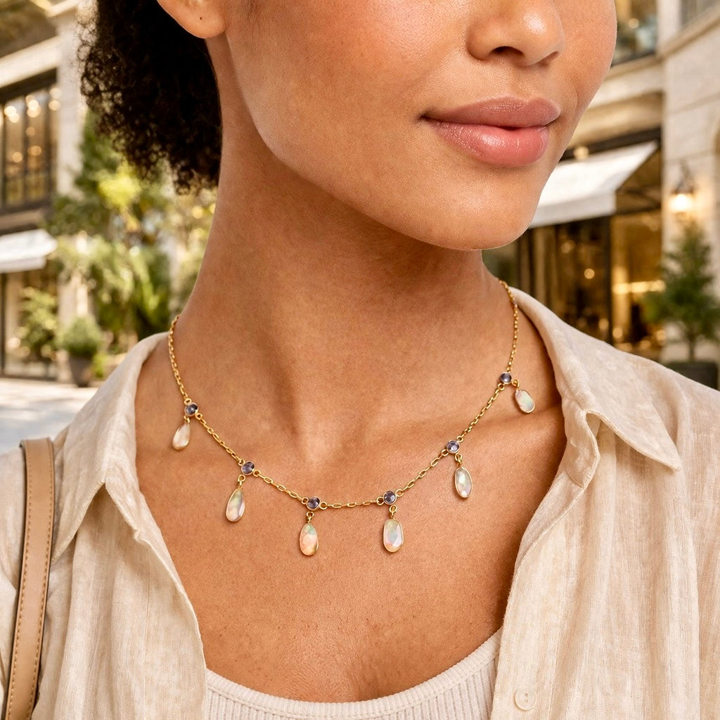 Celestial Glow Tanzanite and Fire Opal Drop Necklace in 18K Gold Plated 925 Sterling Silver