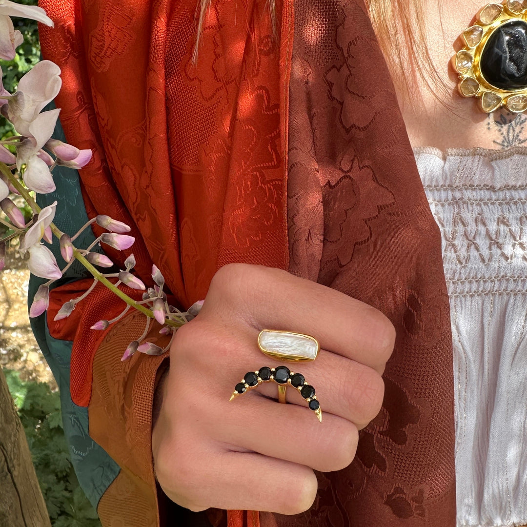 Lunar Veil black Obsidian and Fresh Water Pearl Ring
