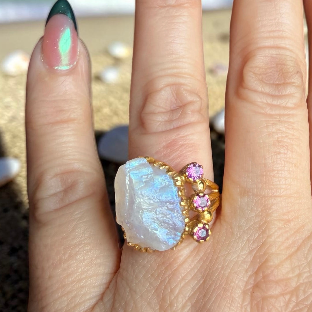 One-of-a-Kind Natural Rough Moonstone & Amethyst Statement Ring – 18K Gold Plated Sterling Silver