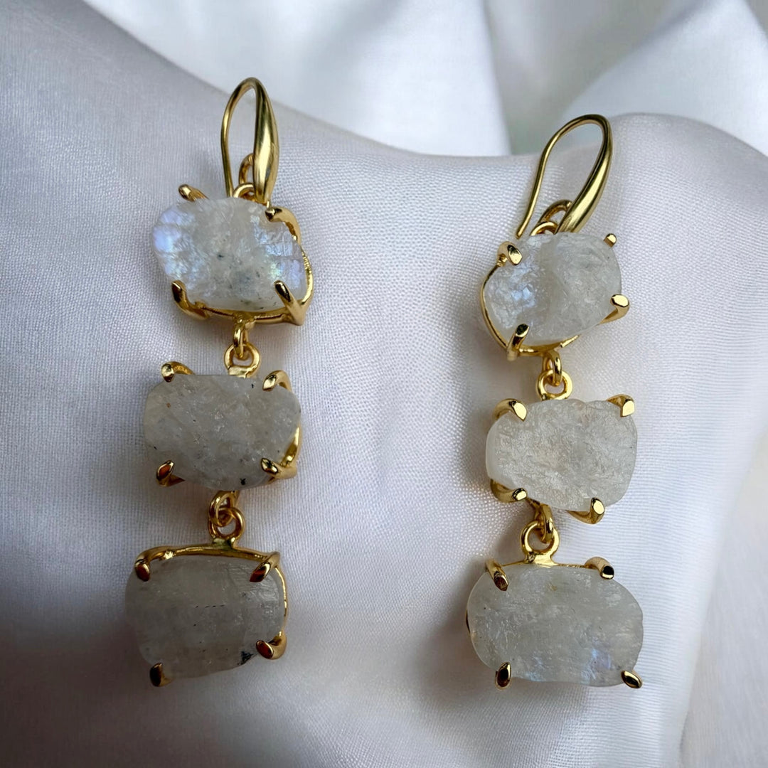 Three Tier Raw Crystal Drop Earrings
Moonstone Rose Quartz and
Aquamarine
