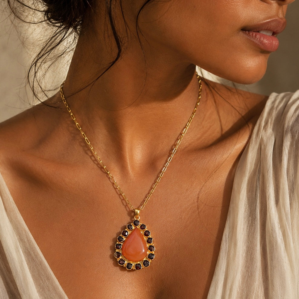 Solar Bloom Peach Agate Druzy & Garnet Statement Necklace
