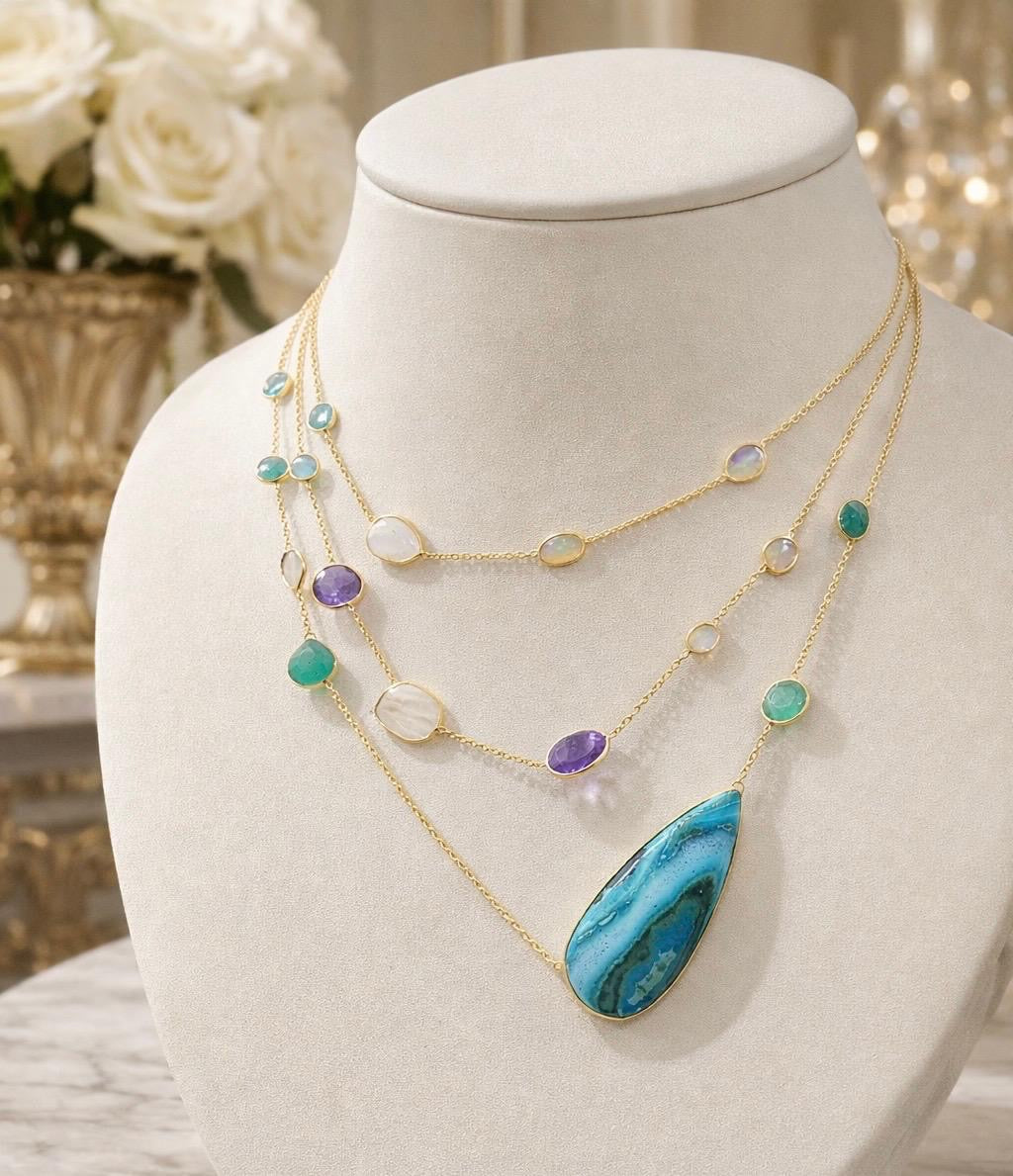 One-of-a-Kind Zarif Cascading Chrysocolla Necklace – 18K Gold Plated Sterling Silver