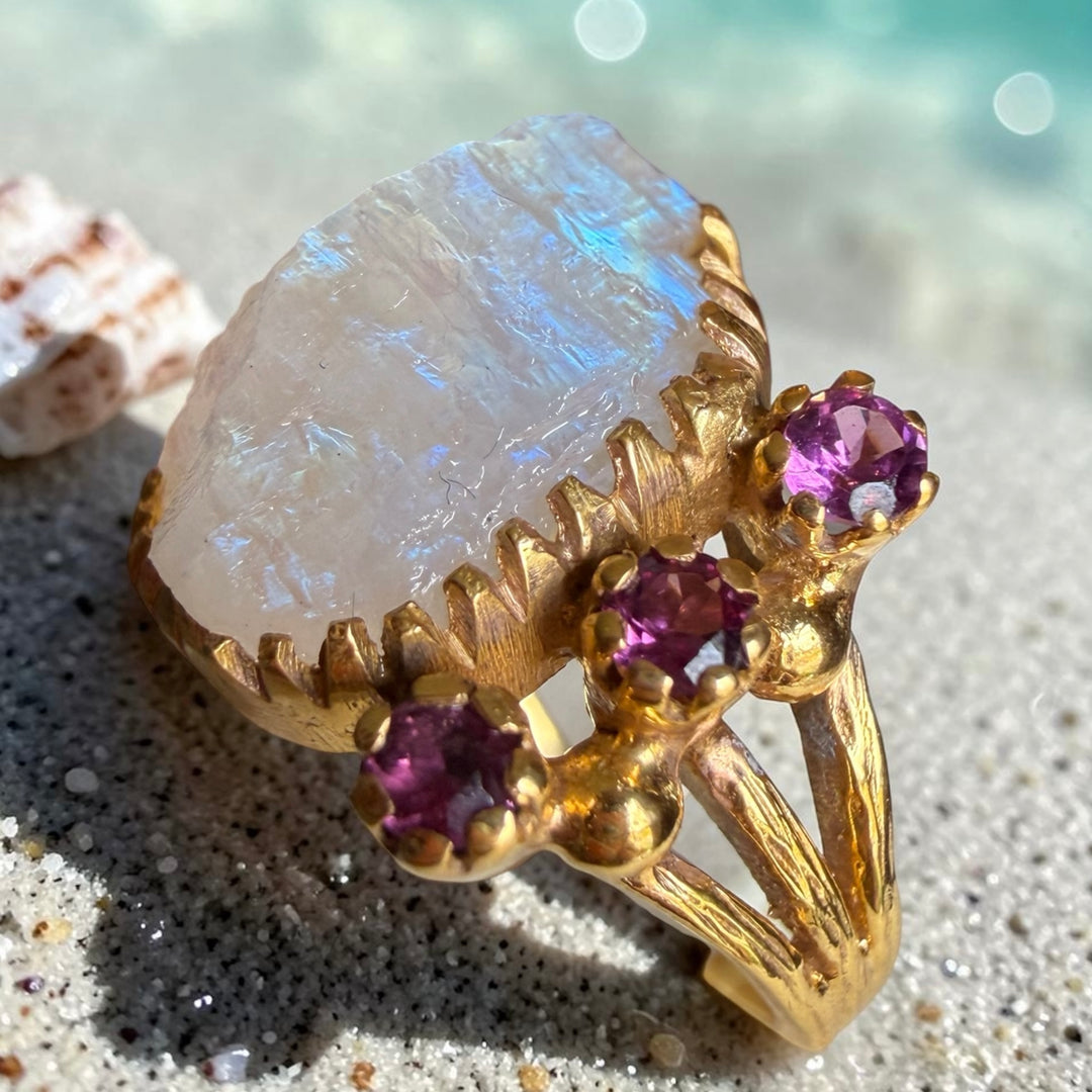 One-of-a-Kind Natural Rough Moonstone & Amethyst Statement Ring – 18K Gold Plated Sterling Silver