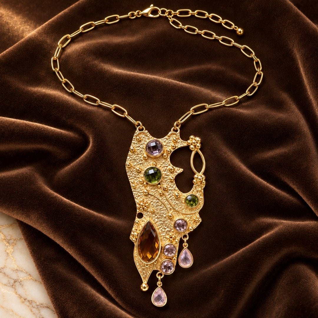 The Byzantine Empress 
Pink Quartz, Hydro Citrine and Peridot Necklace