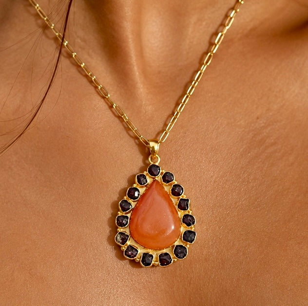 Solar Bloom Peach Agate Druzy & Garnet Statement Necklace