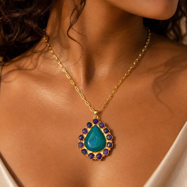 Large natural gemstone statement necklace featuring Teal Agate Druzy and Amethyst