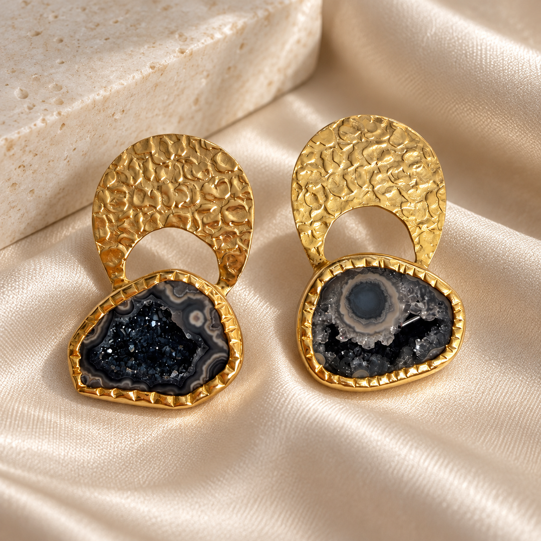 Byzantine Gold Hammered Agate Druzy Earrings