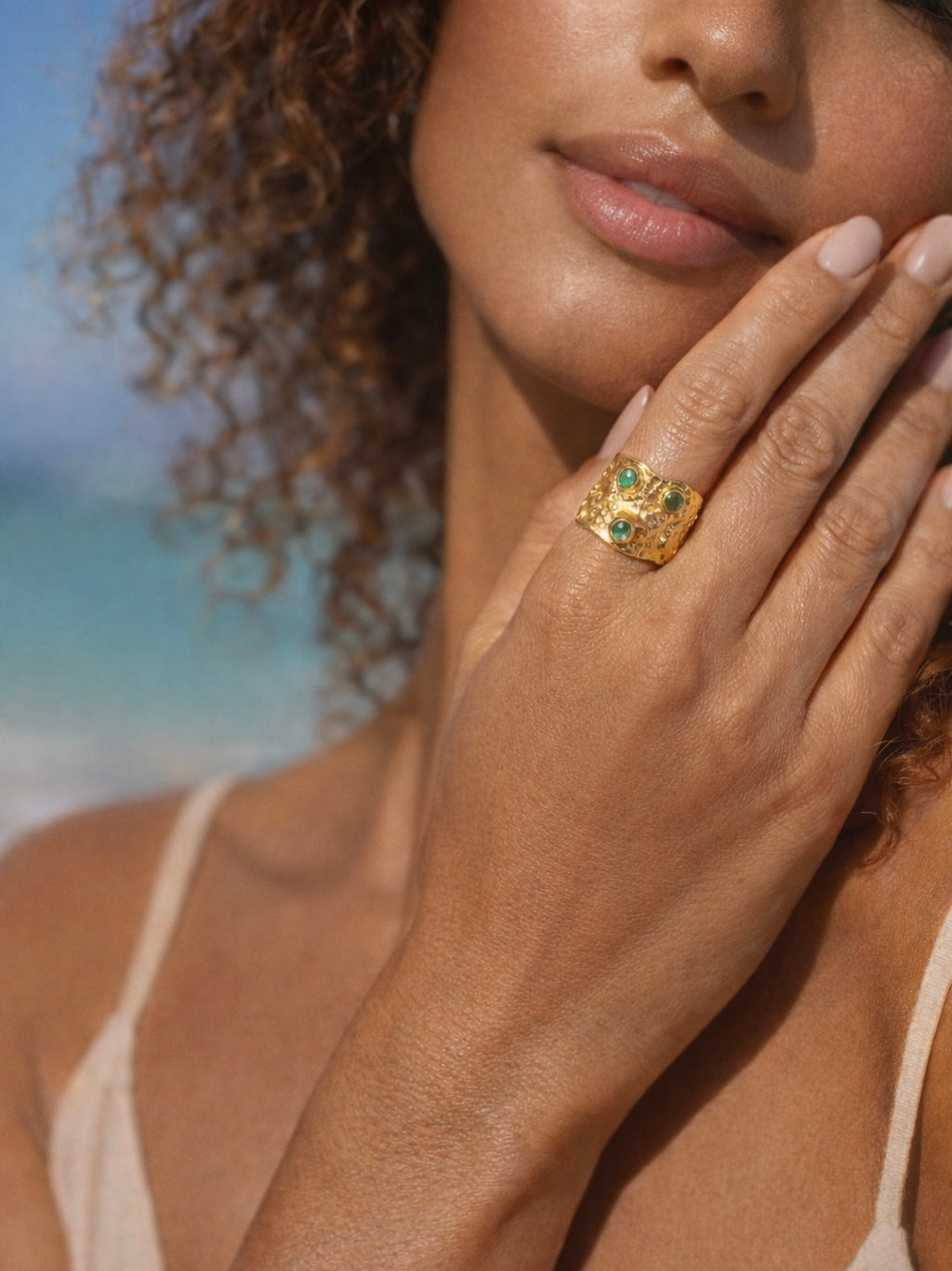 One-of-a-Kind Emerald Statement Ring Triple Gold Plated Sterling Silver Wide Band