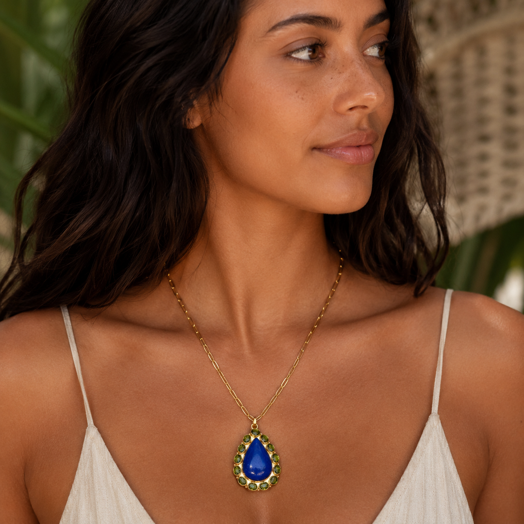 Solar Bloom Pendant – Blue Agate Druzy & Green Quartz Necklace