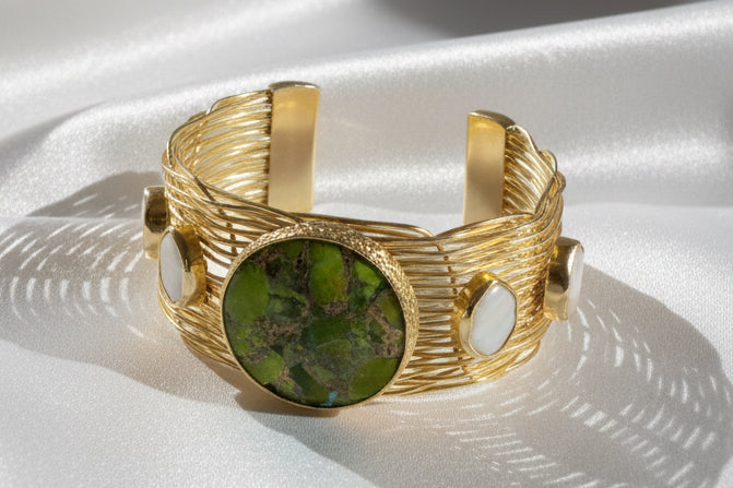 Gaia’s Embrace Peridot Mojave And Pearl Gold Bangle