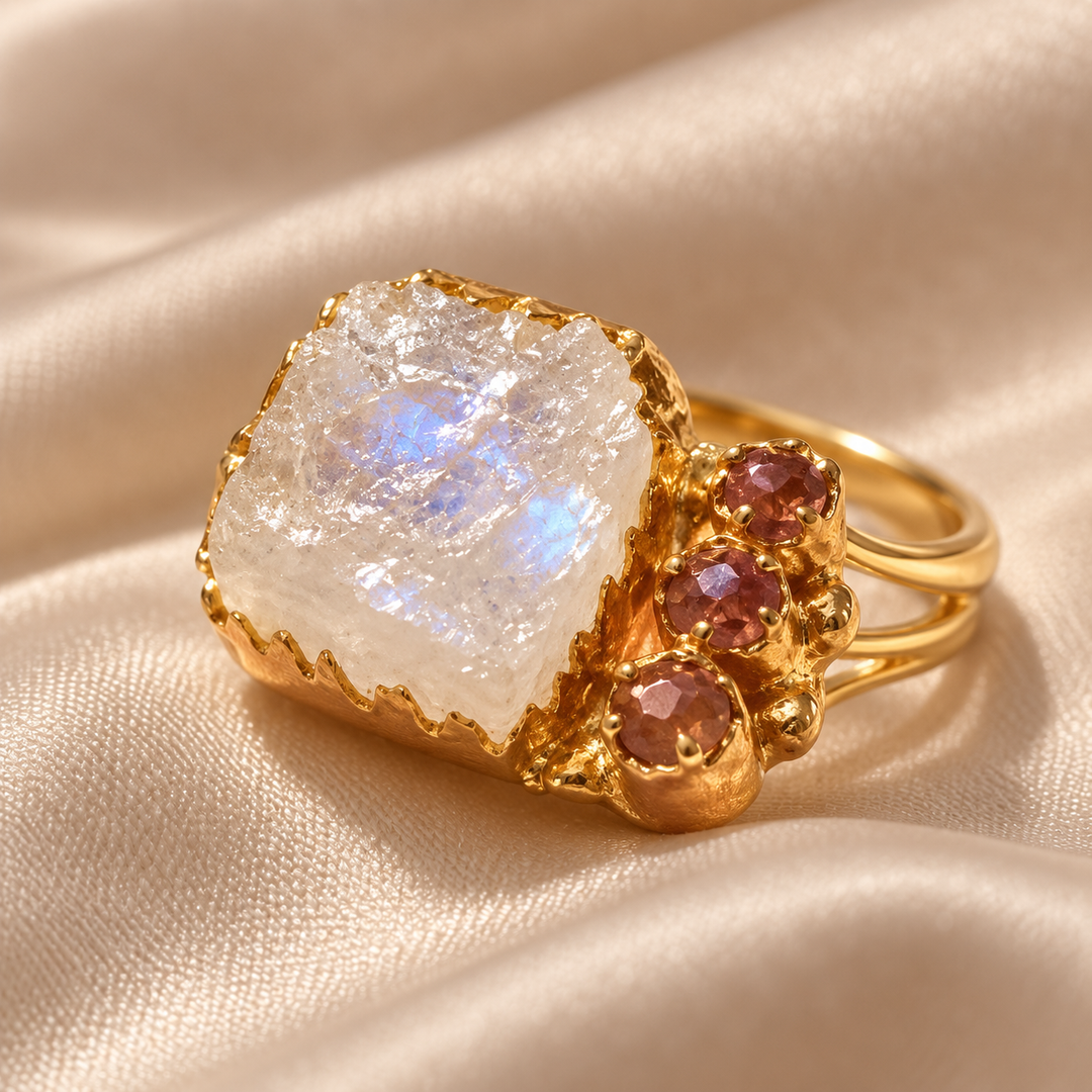 Moonlight Reverie Moonstone & Ruby Ring