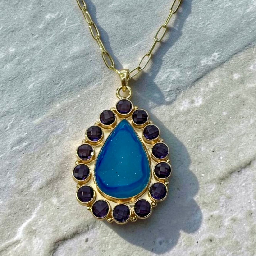 Solar Bloom | Blue Agate Druzy & Amethyst Statement Necklace