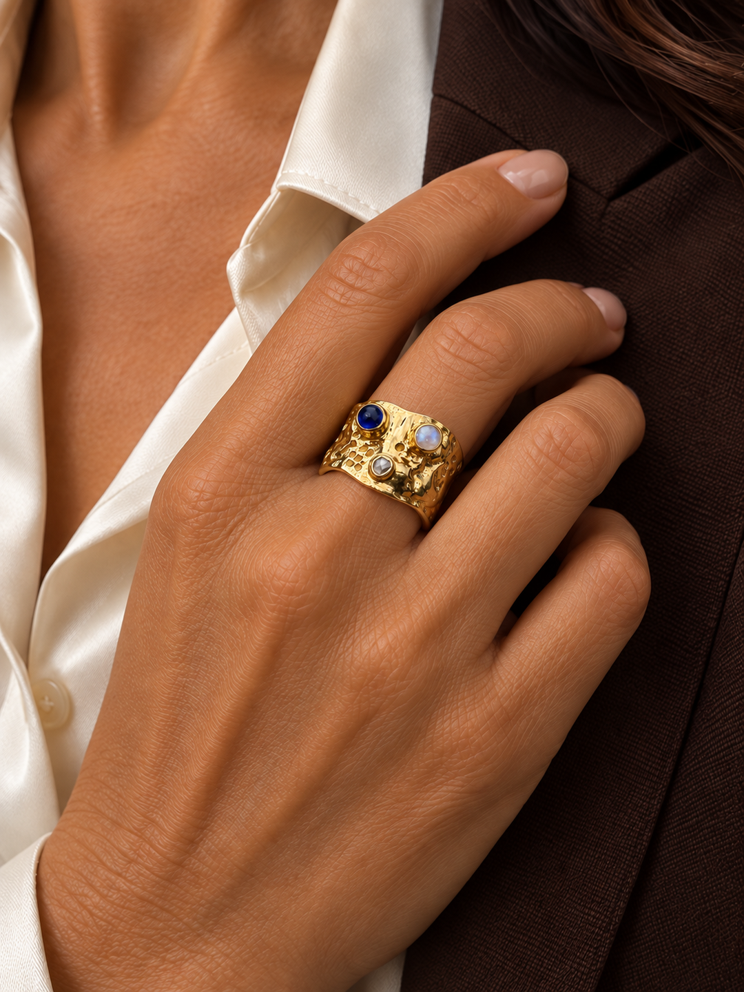Golden Relic Ring | Blue Topaz, Emerald & White Topaz