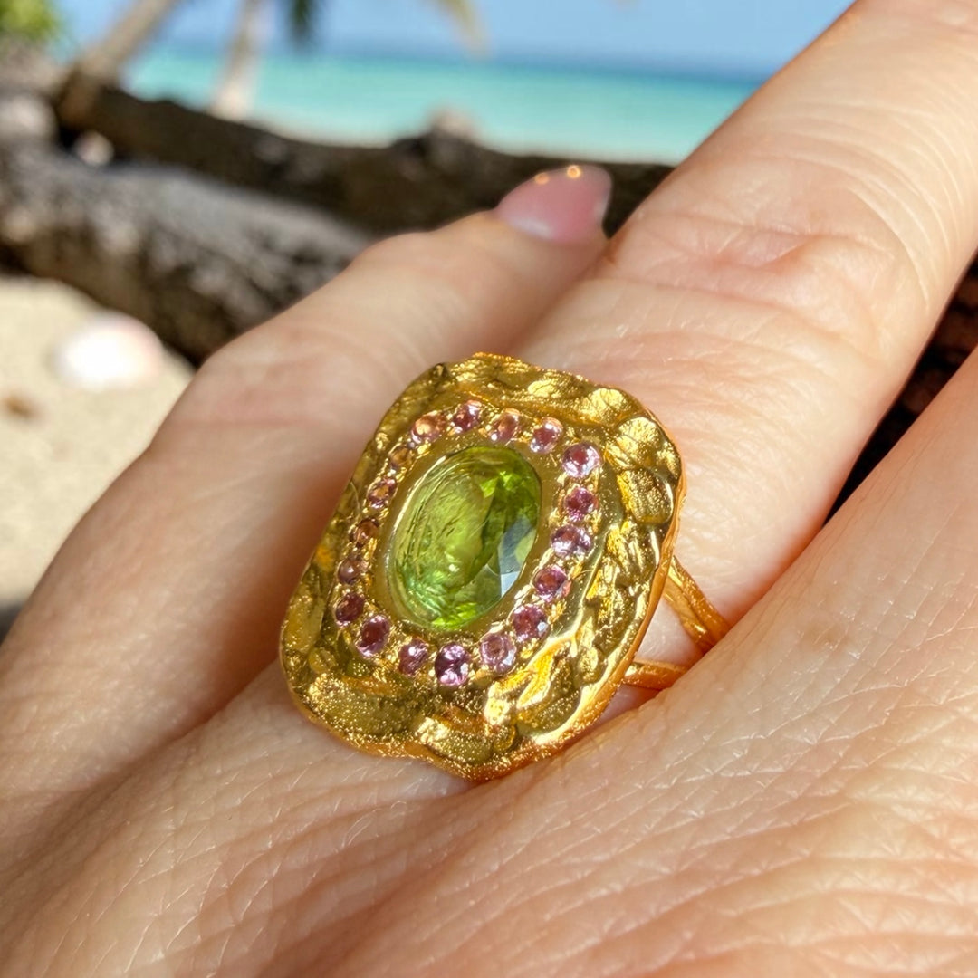 One-of-a-Kind Peridot & Ruby Halo Statement Ring – 18K Gold Plated Sterling Silver